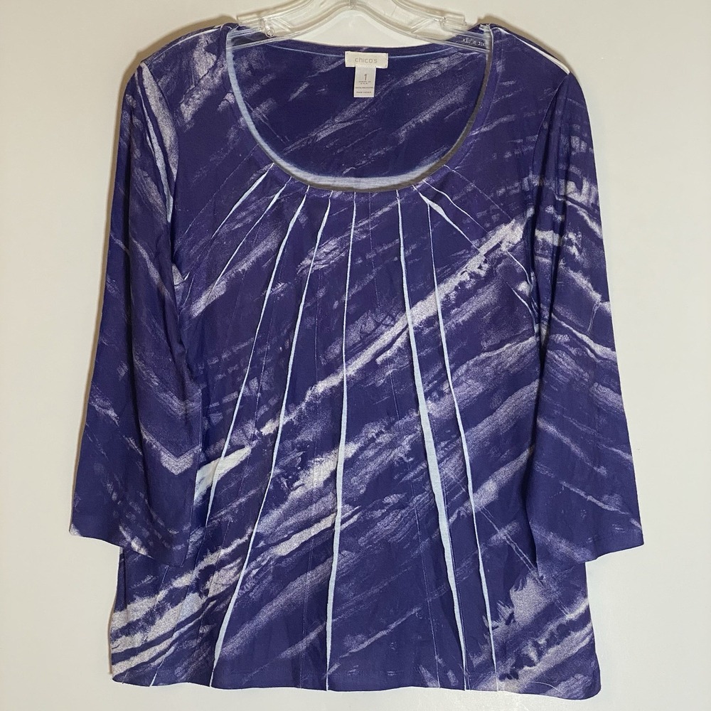 Chicos Top Womens 1 Medium Purple Multi Tie Dye Tiered Pleated 3/4 Sleeve Boho M